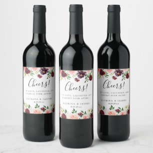 Burgundy Red Blush Bloral Frame Wedding Weinetikett