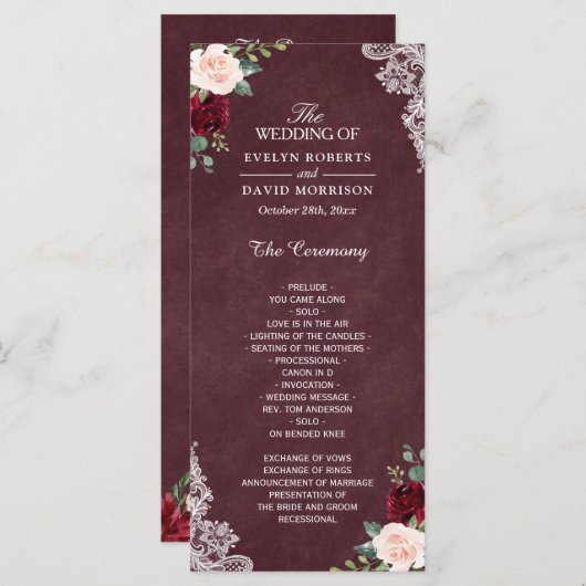 Burgundy Red Blush Bloral Lace Wedding Programm (Vorne/Hinten)