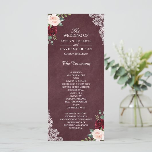 Burgundy Red Blush Bloral Lace Wedding Programm (Stehend Vorderseite)