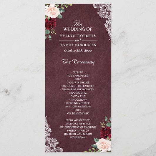 Burgundy Red Blush Bloral Lace Wedding Programm (Vorderseite)