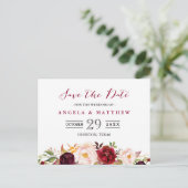 Burgundy Red Blush Bloral Wedding Save the Date Postkarte (Stehend Vorderseite)