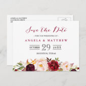 Burgundy Red Blush Bloral Wedding Save the Date Postkarte (Vorne/Hinten)