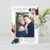 Burgundy Red Blush Blue Floral Gold Foto Save The Date (Stehend Vorderseite)