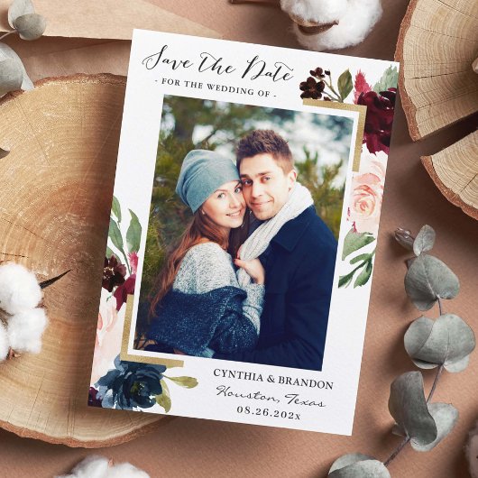 Burgundy Red Blush Blue Floral Gold Foto Save The Date