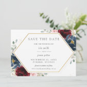 Burgundy Red Blush Blue Floral Wedding Save The Date (Stehend Vorderseite)