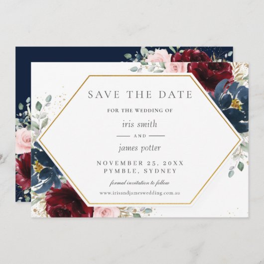 Burgundy Red Blush Blue Floral Wedding Save The Date (Vorne/Hinten)