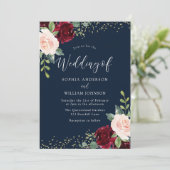 Burgundy Red & Blush Blume Glitzer Navy Hochzeit Einladung (Stehend Vorderseite)