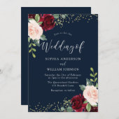 Burgundy Red & Blush Blume Glitzer Navy Hochzeit Einladung (Vorne/Hinten)