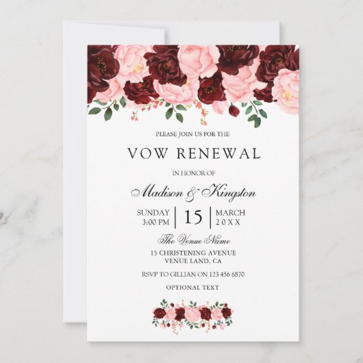 Burgundy Red Blush Blume Vow Renewal Einladung (Vorderseite)
