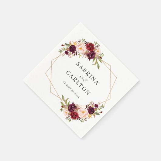 Burgundy Red Blush Floral Geometric Wedding Serviette (Ecke)