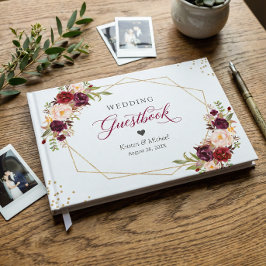 Burgundy Red Blush Floral Gold Geometric Wedding Gästebuch