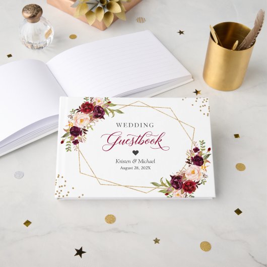 Burgundy Red Blush Floral Gold Geometric Wedding Gästebuch (Vorderseite Offen)