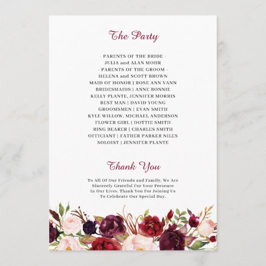 Burgundy Red Blush Floral Gold Geometric Wedding Programm (Rückseite)