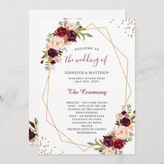 Burgundy Red Blush Floral Gold Geometric Wedding Programm (Vorne/Hinten)