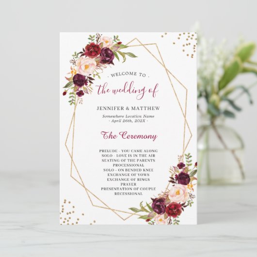 Burgundy Red Blush Floral Gold Geometric Wedding Programm (Stehend Vorderseite)
