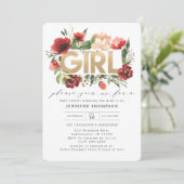 Burgundy Red Blush Floral Gold Glitzer Baby Showro Einladung (Stehend Vorderseite)