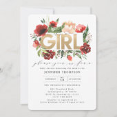 Burgundy Red Blush Floral Gold Glitzer Baby Showro Einladung (Vorderseite)