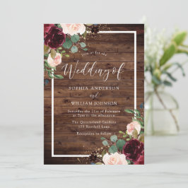 Burgundy Red & Blush Floral Rustic Wood Wedding Einladung