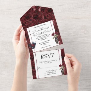 Burgundy Red Blush Floral Wedding All In One Einladung
