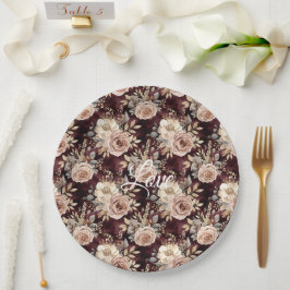 Burgundy Red Blush Floral Wedding Pappteller