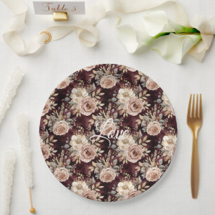 Burgundy Red Blush Floral Wedding Pappteller