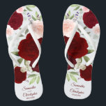 Burgundy Red & Blush Pink Boho Rose Hochzeit Badesandalen<br><div class="desc">Tanzen Sie die Nacht mit diesen schönen Hochzeitsflip-Flops. Das rustikale, schicke Design mit handgemalten Aquarellfarben in Bordeaux-, Rot- und Rosatönen, Eukalyptus-Blätter und Gartengrün. Es gibt Platz für die Namen des Paares und das Hochzeitsdatum unten. Ein wunderbarer Weg, um Ihren Gästen zu danken, während sie von einem langen Tag stehend gerettet....</div>