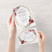 Burgundy Red Blush Pink Floral Geometric Wedding All In One Einladung (Abreißen)