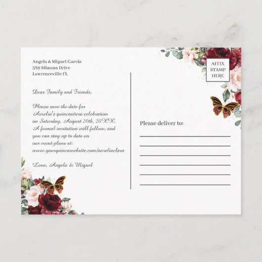 Burgundy Red Blush Pink Floral Quinceañera Foto S Ankündigungspostkarte (Rückseite)