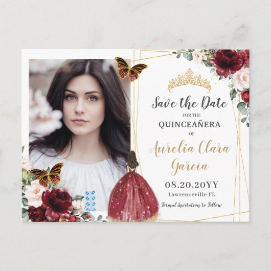 Burgundy Red Blush Pink Floral Quinceañera Foto S Ankündigungspostkarte (Vorderseite)