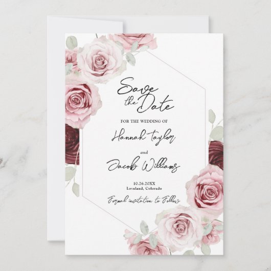 Burgundy Red Blush Pink Floral Wedding Save The Date (Vorderseite)