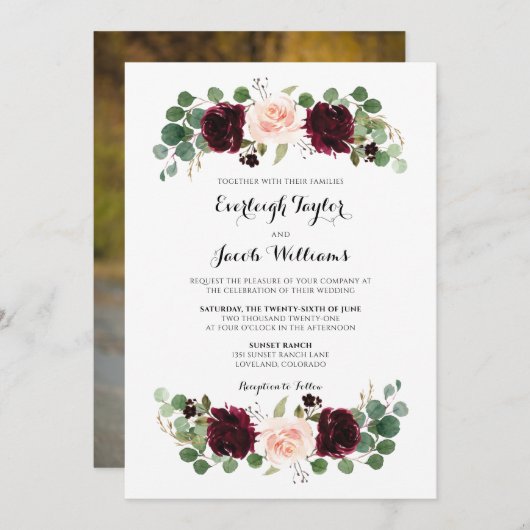 Burgundy Red Blush Pink Foto Blumenzange Einladung (Vorne/Hinten)