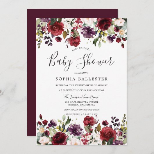 Burgundy Red Botanical Baby Dusche Einladung (Vorne/Hinten)