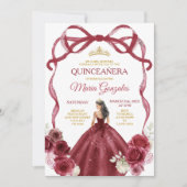 Burgundy Red Bow Princess Gold Crown Quinceañera Einladung (Vorderseite)