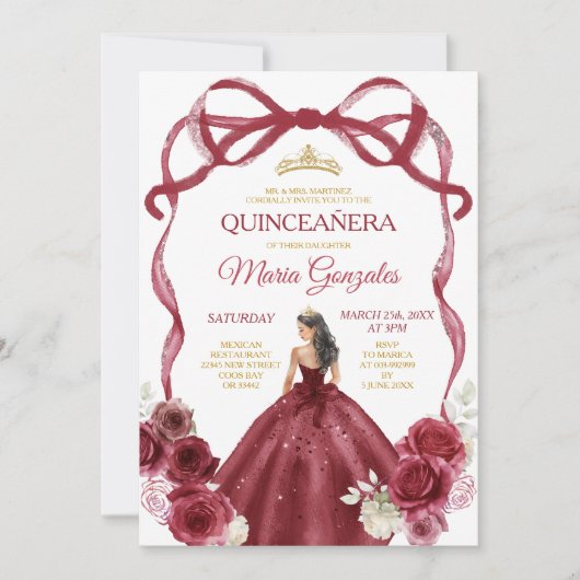 Burgundy Red Bow Princess Gold Crown Quinceañera Einladung (Vorderseite)