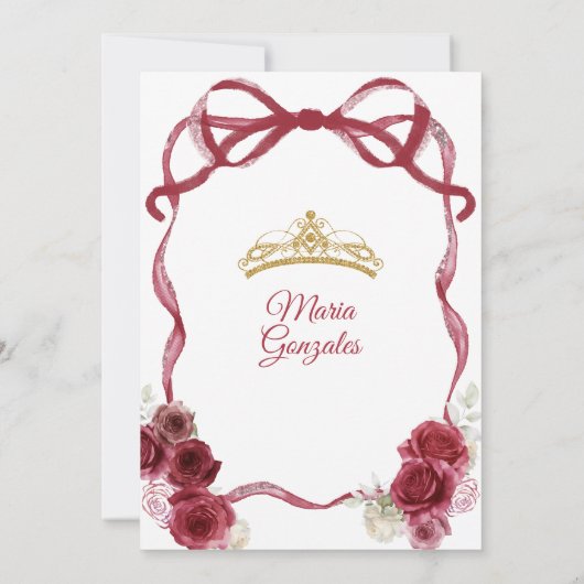 Burgundy Red Bow Princess Gold Crown Quinceañera Einladung (Rückseite)