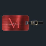 Burgundy Red Brushed Steel Metal Script Monogram Gepäckanhänger<br><div class="desc">Bag Tag: Burgundy Red Brushed Steel Metal Script Monogram</div>