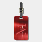 Burgundy Red Brushed Steel Metal Script Monogram Gepäckanhänger (Vorderseite vertikal)