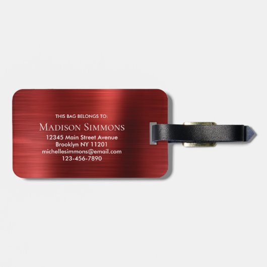 Burgundy Red Brushed Steel Metal Script Monogram Gepäckanhänger (Rückseite horizontal)