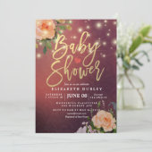 Burgundy Red Chic Bloral String Lights Baby Dusche Einladung (Stehend Vorderseite)