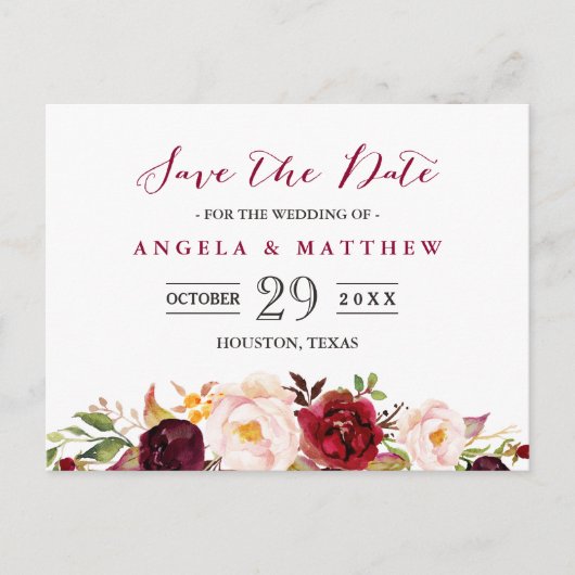 Burgundy Red Chic Bloral Wedding Save the Date Ankündigungspostkarte (Vorderseite)