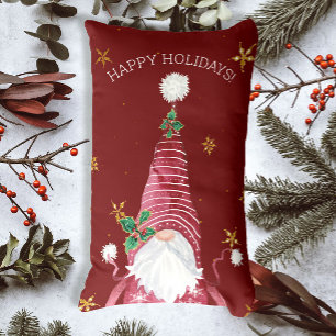 Burgundy Red Christmas Gnome Watercolor Holly Star Lendenkissen