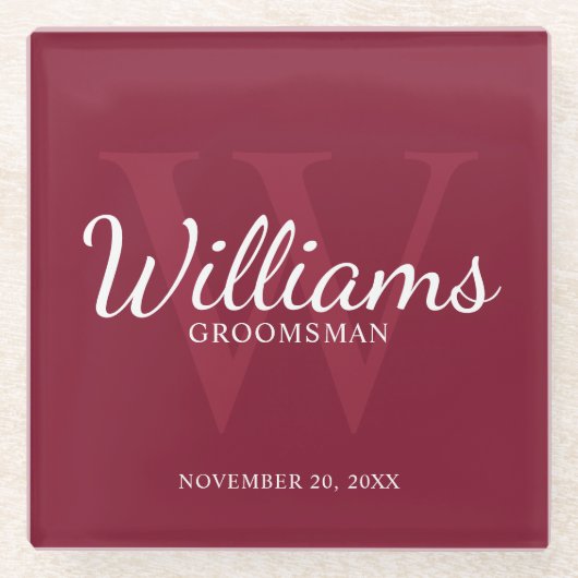 Burgundy Red Classic Script Personalisierte Trauze Glasuntersetzer (Vorderseite)