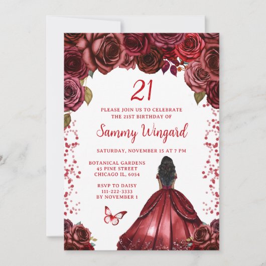 Burgundy Red Dark Skin Princess Birthday Party Einladung (Vorderseite)