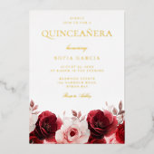 Burgundy Red Elegance Rote Rose Quinceanera Gold Folieneinladung (Vorderseite)