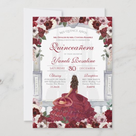 Burgundy Red Elegant Charro Princess Quinceanera Einladung (Vorderseite)