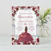 Burgundy Red Elegant Charro Princess Quinceanera Einladung (Stehend Vorderseite)