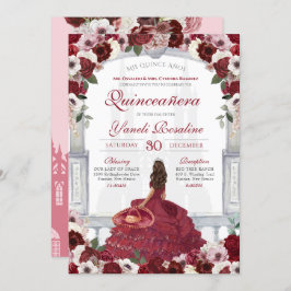 Burgundy Red Elegant Charro Princess Quinceanera Einladung