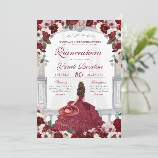 Burgundy Red Elegant Charro Princess Quinceanera Einladung (Stehend Vorderseite)