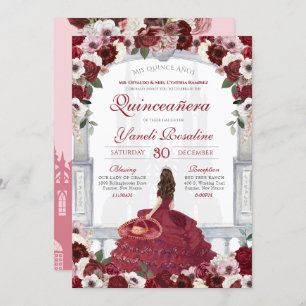 Burgundy Red Elegant Charro Princess Quinceanera Einladung