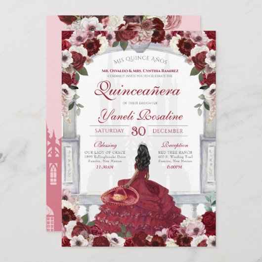 Burgundy Red Elegant Charro Princess Quinceanera Einladung (Vorne/Hinten)
